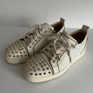 Christian Louboutin Rush Spiked Leather Low-Top Sneaker, White/Gold, 37.5